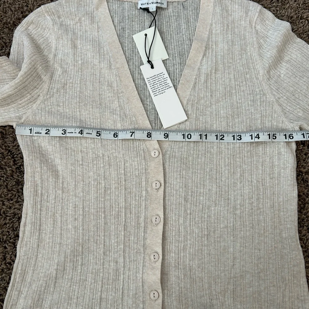 NWT White + Warren Linen Gauze Verigated Ribbed Cardi Top in Oatmeal Heather - Picture 8 of 13